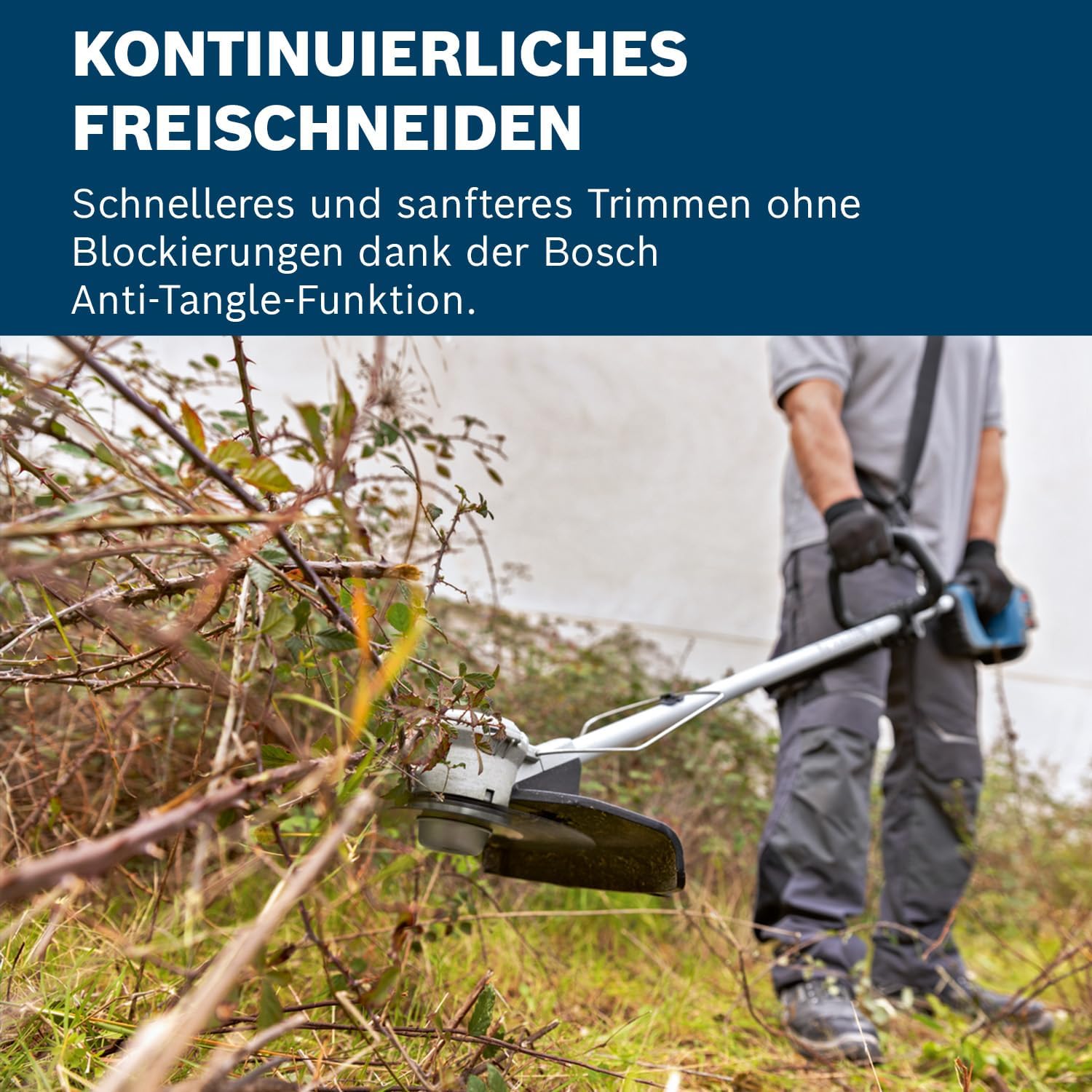 Unterbrechungsfreies Arbeiten dank Anti-Tangle Bosch GFR 18V-23 mit Anti-Tangle-Funktion im Wildwuchs