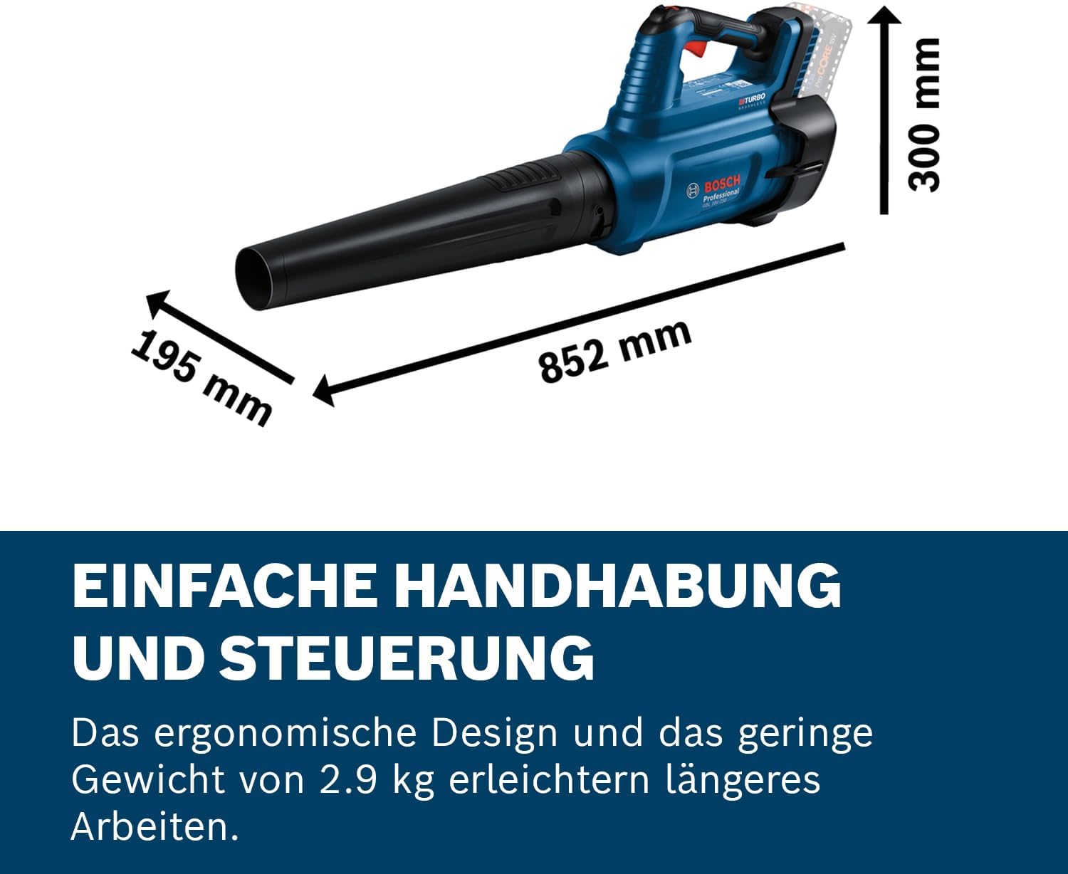 Abmessungen und ergonomische Handhabung des Bosch GBL 18V-750