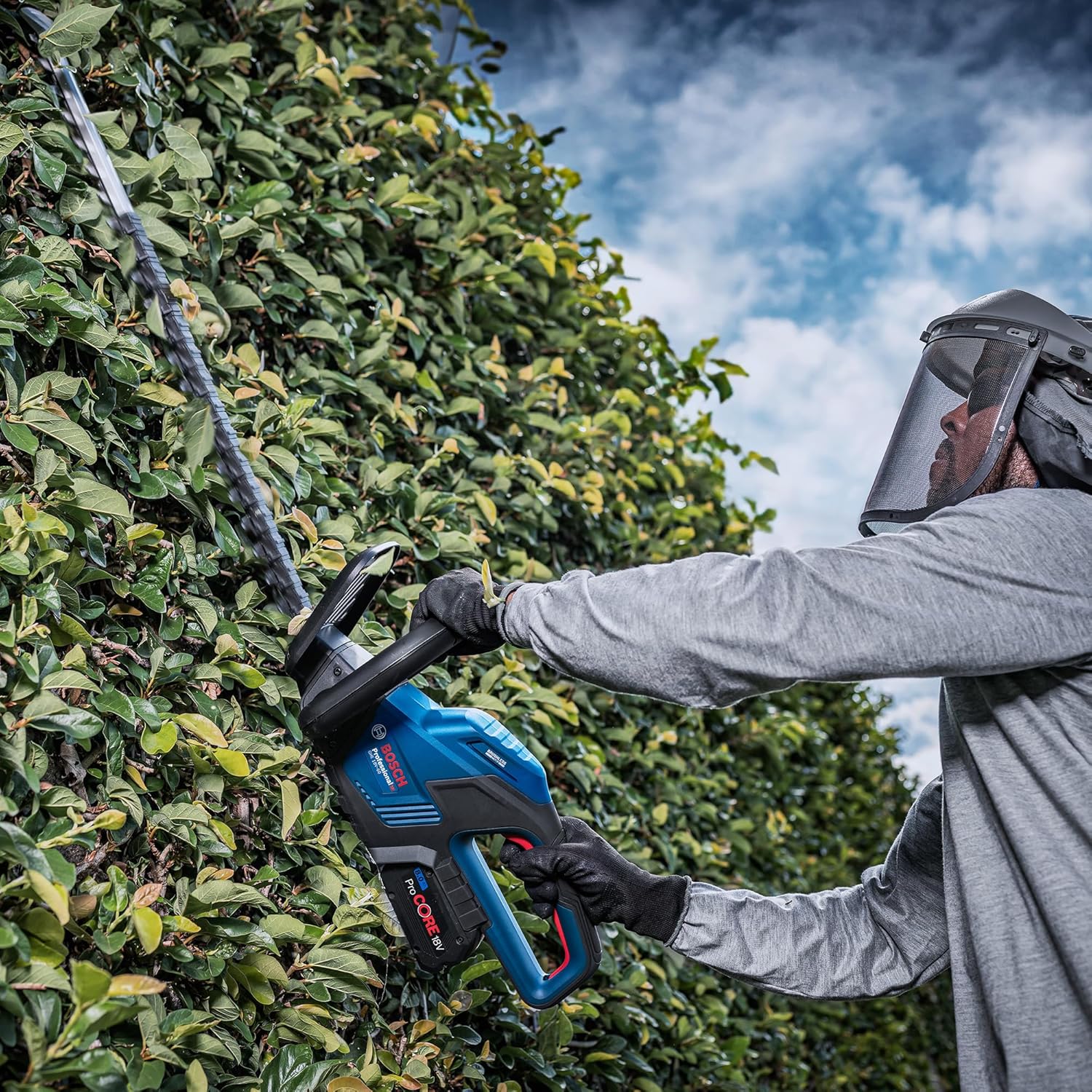 Bosch GHE 18V-60 ergonomisch im Einsatz an hoher Hecke