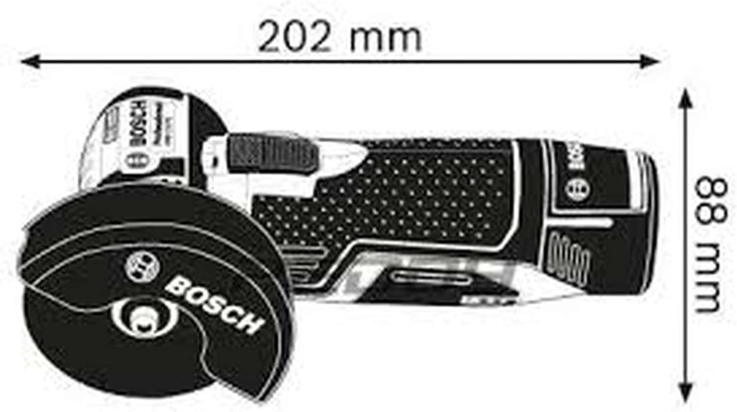 Abmessungen Bosch GWS 12V-76 Abmessungen des Bosch GWS 12V-76 mit 202 mm Länge und 88 mm Höhe